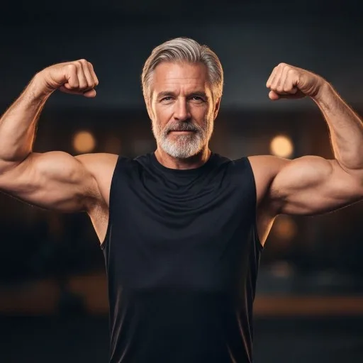 Atlas, asistente de UNA+, un hombre de pelo cano flexionando los bíceps.