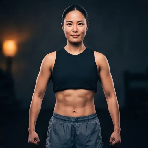 Mei, asistente de UNA+, de pie con el abdomen marcado.