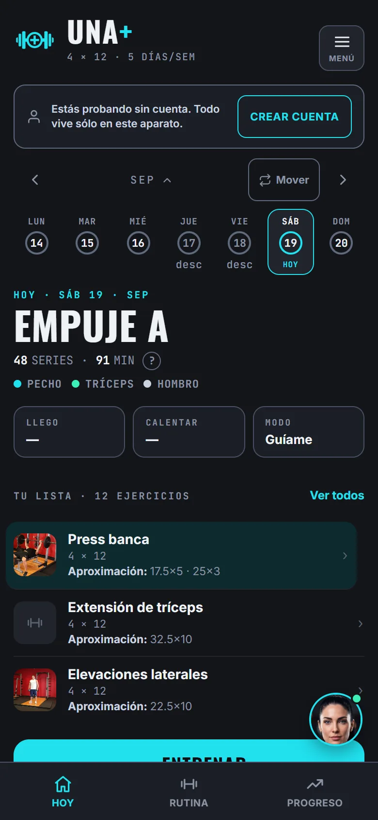 Pantalla Hoy de UNA+: el día, los músculos que trabaja y los ejercicios con su aproximación.