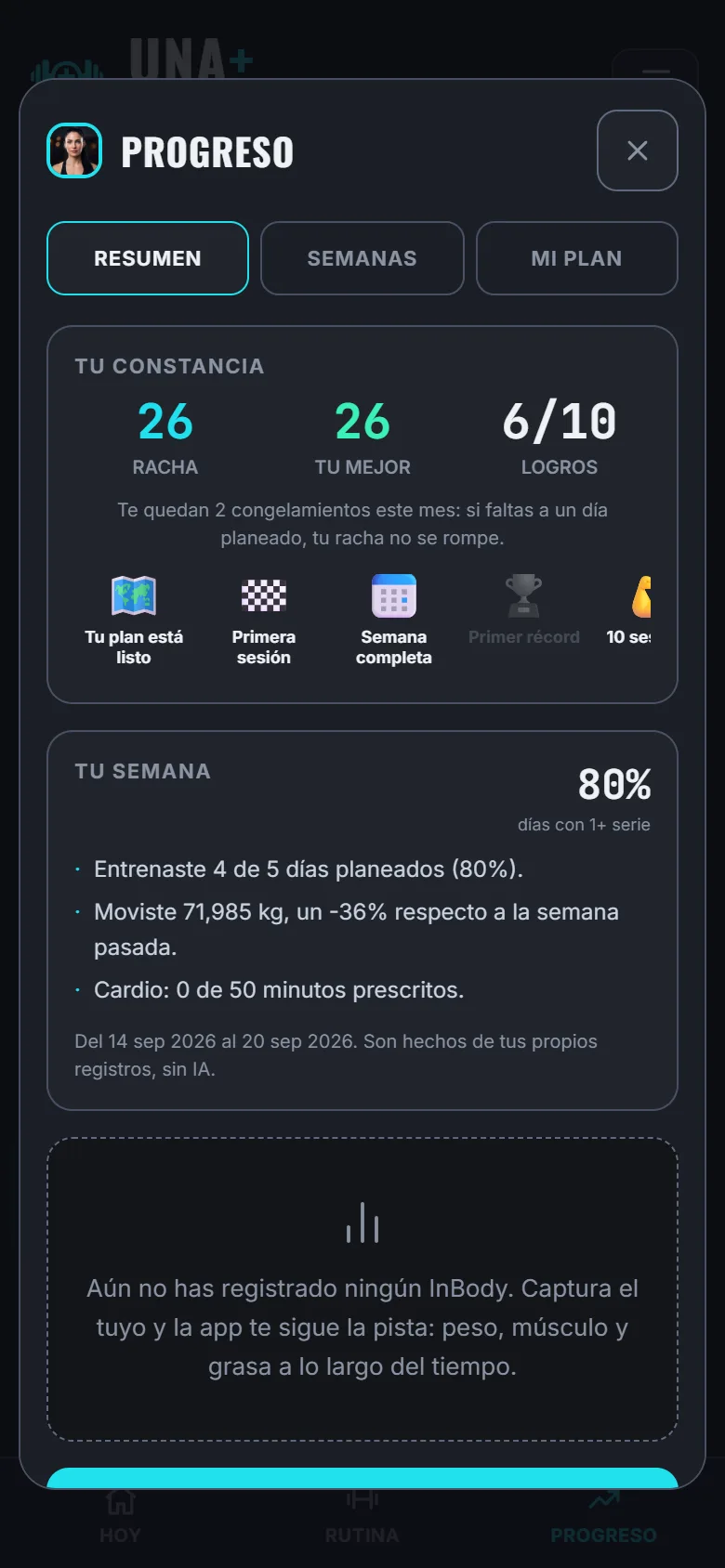 Pantalla Progreso con la racha, los logros y el resumen de la semana con el peso movido.